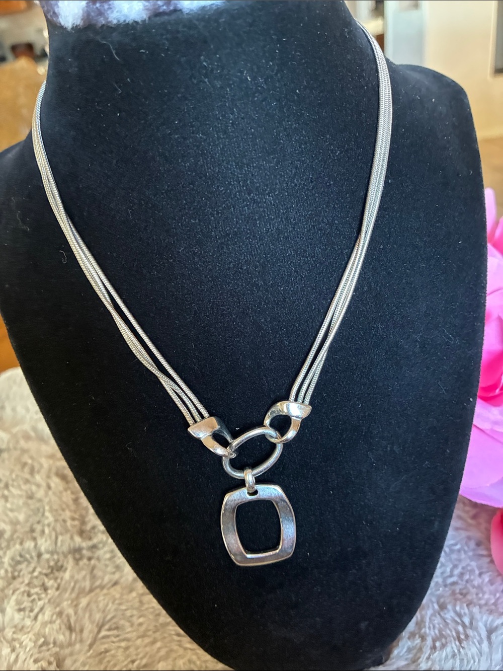 Lia Sophia Silver-Tone Multi-Strand Necklace with Geometric Pendant